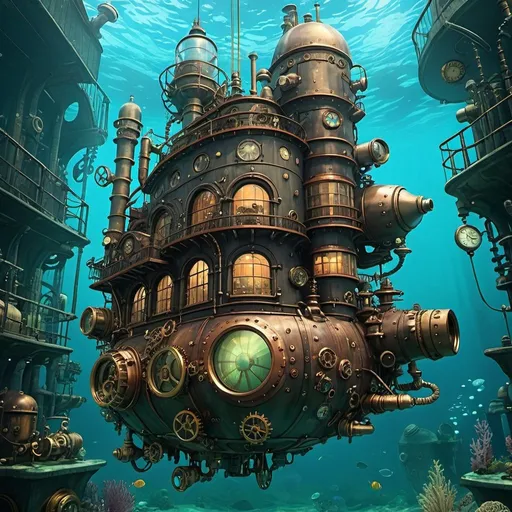 Prompt: steampunk very deep underwater city studios Ghibli style