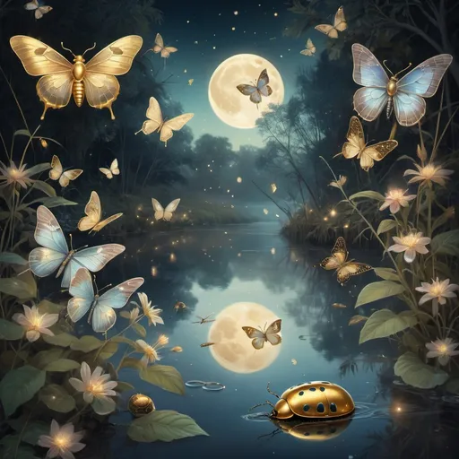 Prompt: Dreamy illustration of golden beetles and night butterflies by a riverside, dream catchers, serene atmosphere, ethereal glow, intricate wings, moonlit reflections, soft pastel colors, enchanting lighting, surreal, highres, ultra-detailed, dreamy, serene, ethereal, golden beetles, night butterflies, dream catchers, moonlit reflections, pastel colors