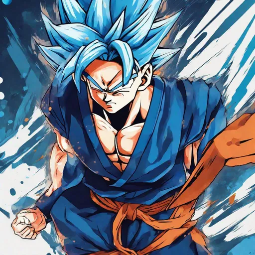 Prompt: Anime character Vegito, have a blue hair color, angry, abstract background 