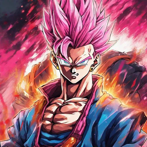 Prompt: Anime illustration of Vegito with pink hair, intense and angry expression, abstract background, detailed outfit and accessories, high quality, vibrant colors, anime, detailed eyes and facial features, intense atmosphere, powerful aura, fusion character, dynamic pose