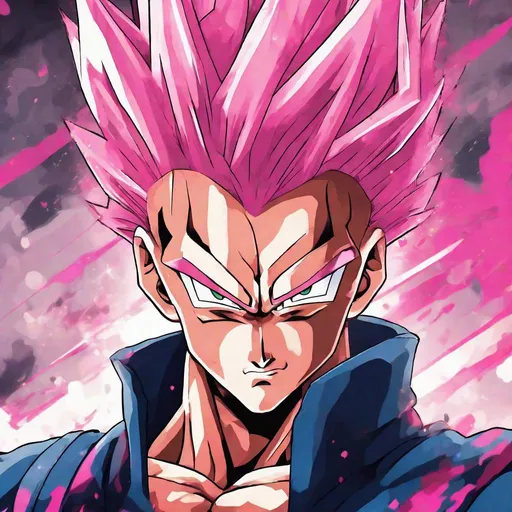 Prompt: Anime character Vegito, have a pink hair colored, have accessories, background abstract,Angry, 