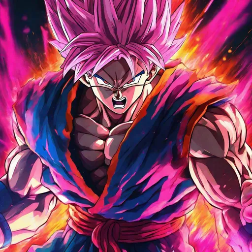 Prompt: Vibrant anime illustration of enraged Vegito, pink hair, intense and fiery aura, abstract background, glowing energy effects, fierce and aggressive expression, detailed muscle definition, sharp and dynamic linework, high-quality, anime, dynamic action, abstract background, intense lighting, vibrant colors