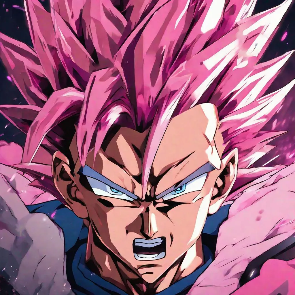 Anime character Vegito, pink hair, angry expression,...