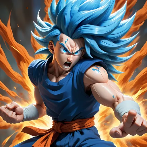 Prompt: Blue-haired Vegito in anime style, vibrant blue hair, powerful aura, dynamic fighting stance, detailed facial features, high quality, anime, action, dynamic pose, vibrant colors, intense lighting