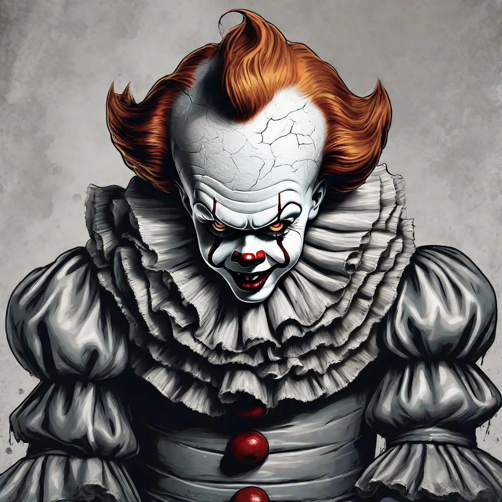 Prompt: Detailed illustration of Pennywise, chilling horror style, intense and menacing gaze, dark and gloomy atmosphere, high quality, realistic, horror, sinister expression, eerie lighting, detailed facial features, creepy smile, haunting presence, unsettling background, best quality, highres, realistic, horror, menacing gaze, chilling, eerie lighting, detailed facial features, creepy smile, sinister, haunting presence