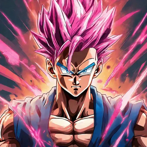 Prompt: Anime illustration of Vegito with pink hair, intense and angry expression, abstract background, detailed outfit and accessories, high quality, vibrant colors, anime, detailed eyes and facial features, intense atmosphere, powerful aura, fusion character, dynamic pose