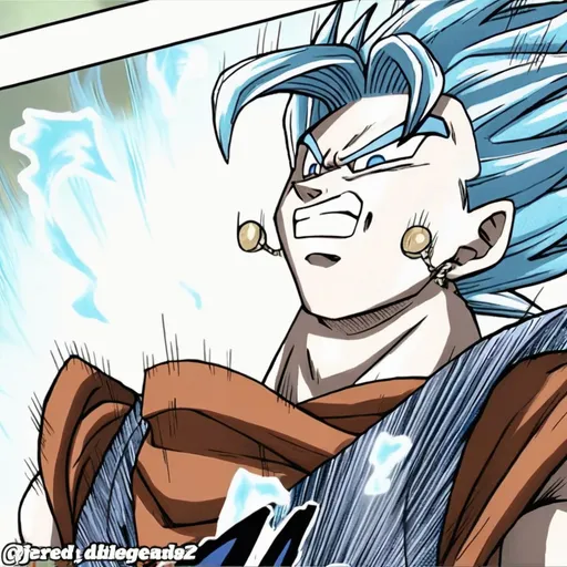 Prompt: Rage Vegito, blue hairs, blue background flame hands
