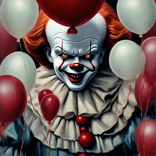 Prompt: Detailed digital illustration of Pennywise, haunting and eerie, realistic oil painting, sinister gaze, creepy smile with sharp teeth, vibrant red balloons, chilling atmosphere, high quality, realistic, horror, oil painting, eerie lighting, intense shadows, sinister presence, professional, dramatic composition