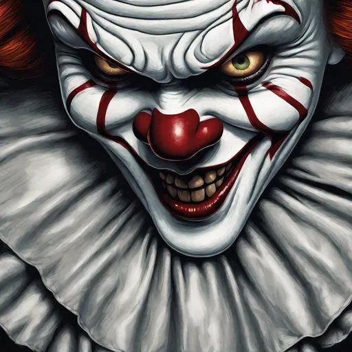 Prompt: Detailed illustration of Pennywise, chilling horror style, intense and menacing gaze, dark and gloomy atmosphere, high quality, realistic, horror, sinister expression, eerie lighting, detailed facial features, creepy smile, haunting presence, unsettling background, best quality, highres, realistic, horror, menacing gaze, chilling, eerie lighting, detailed facial features, creepy smile, sinister, haunting presence