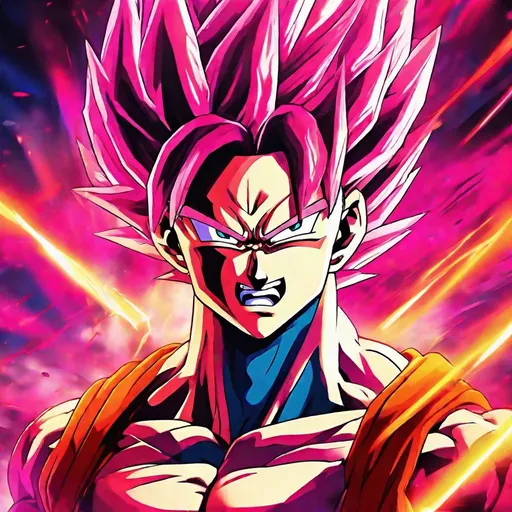 Prompt: Vibrant anime illustration of enraged Vegito, pink hair, intense and fiery aura, abstract background, glowing energy effects, fierce and aggressive expression, detailed muscle definition, sharp and dynamic linework, high-quality, anime, dynamic action, abstract background, intense lighting, vibrant colors