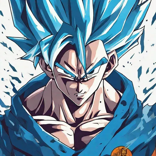 Prompt: Anime character Vegito, have a blue hair color, angry, abstract background 