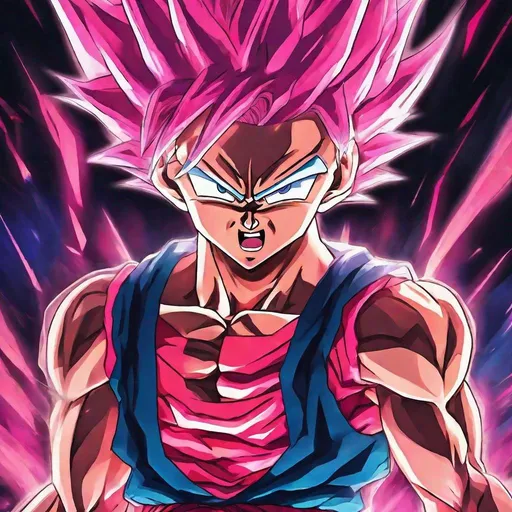 Prompt: Anime illustration of a powerful Vegito, pink hair, intense and angry expression, dynamic aura, abstract background, highres, ultra-detailed, anime, dynamic, pink hair, powerful, intense expression, abstract background, dynamic aura, professional, atmospheric lighting