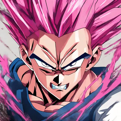 Prompt: Anime character Vegito, pink hair, angry expression, abstract background, detailed accessories, ultra-detailed, anime, angry, abstract background, pink hair, intense expression, detailed accessories, professional, atmospheric lighting