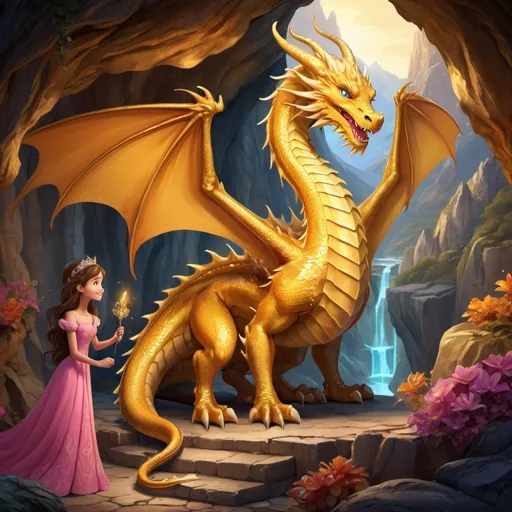 Prompt: (cartoons of a golden dragon and young princess), whimsical, vibrant colors, cave setting, featuring sparkling treasures, warm and inviting atmosphere, soft lighting illuminating the scene, majestic mountain backdrop, playful interaction between characters, detailed scales on the dragon, ornate gown on the princess, enchanting ambiance, high-quality illustration, fantasy theme.