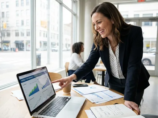 Prompt: Um vendedor do segmento B2B em uma mesa analisando os bons resultados obtidos na semana