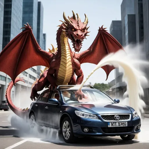 Prompt: A Dragon being behing a car and spraying milk in the car the Dragon is massive