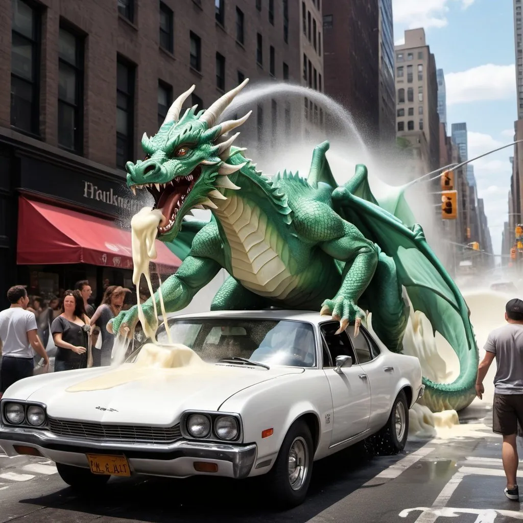 Prompt: A Dragon being behing a car and spraying milk in the car while people inside on the car are enjoying the milk what a nice Dragon all this is Happening in New York City in a realistic style