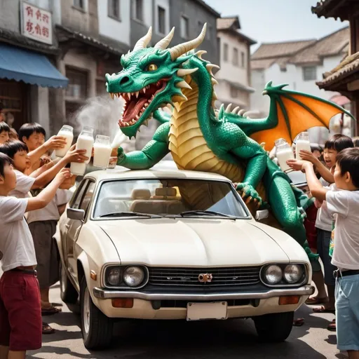 Prompt: A Dragon being behing a car the car is filled with milk and the people in the car are drinking the milk