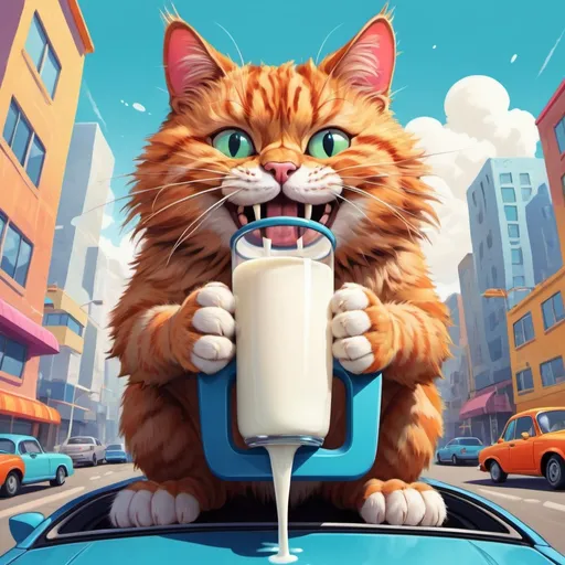 Prompt: Giant cat drinking milk from car pipes, digital illustration, cartoon style, vibrant colors, playful expression, exaggerated whiskers, super detailed fur, exaggerated size, quirky concept, high quality, whimsical, vibrant, exaggerated, playful colors