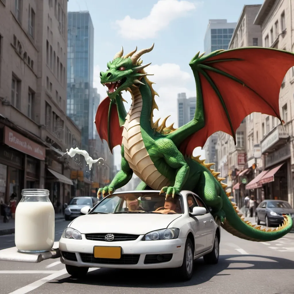Prompt: A Dragon being behing a car and milk is in The car in a city