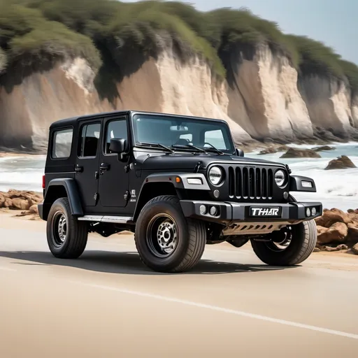 Prompt: black 5 door thar roxx with side view speeding on road at the beach