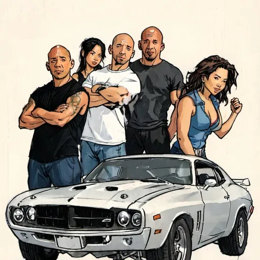 Prompt: FAST & FURIOUS comic book with Vin Diesel, Paul Walker, Michelle Rodriguez and Dwayne Johnson in cover page