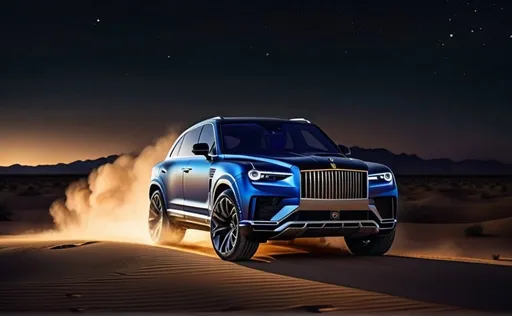 Prompt: create a realistic image of a hyper SUV focusing only on the silhouette, it should look like a crazy Lamborghini urus, rolls royce cullinan ultra modern, avantgarde, ((parked in the desert at night illuminated by starlight)), realistic render, looks like a real boat, side profile view