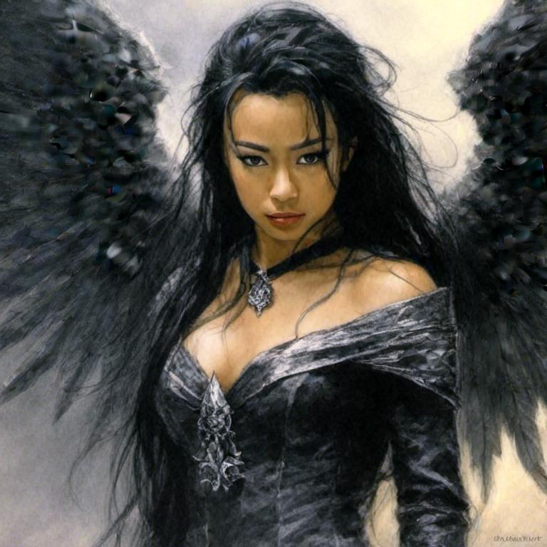 Prompt: an evil fallen angel with black wings, brooding, beautiful, Luis Royo <mymodel>