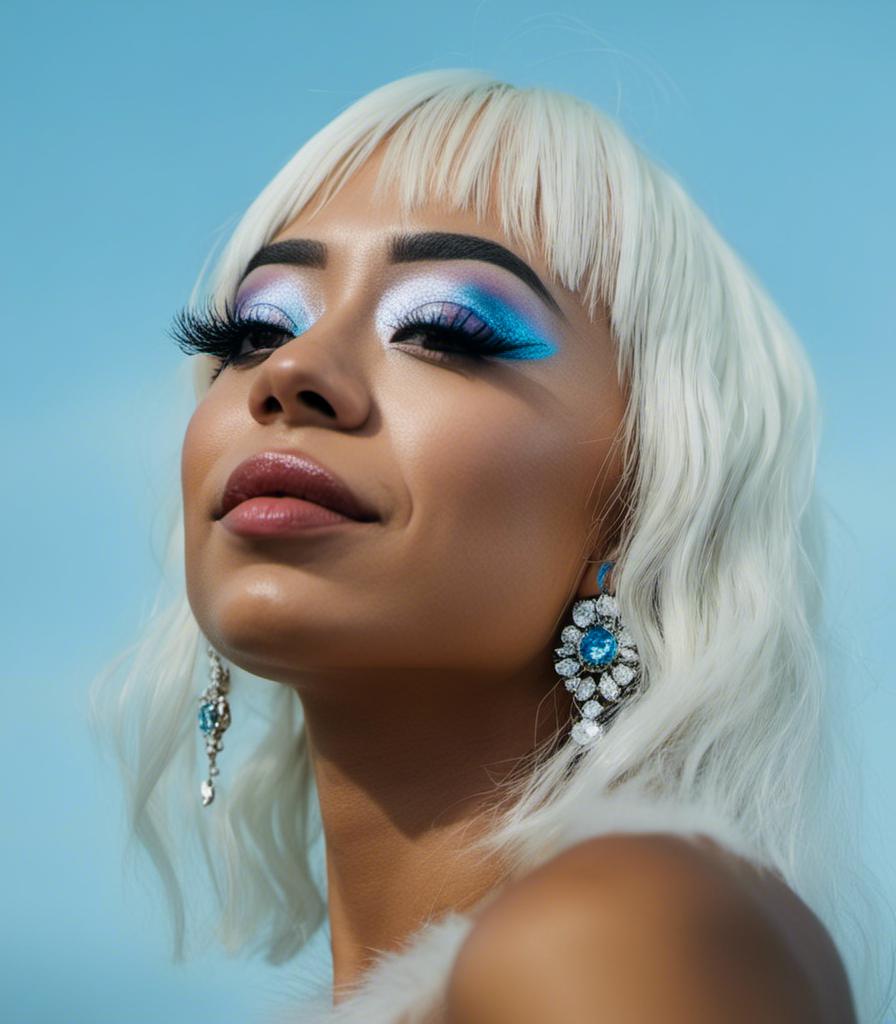 Prompt: <mymodel> a woman with bright blue makeup and a white wig with a blue eye shadow and a pair of earrings, Chinwe Chukwuogo-Roy, afrofuturism, iridescent, canon mark ii quality, ultra-detailed