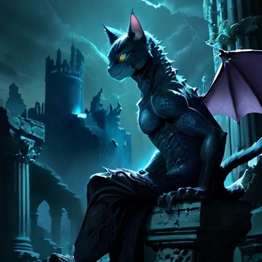 Prompt: (Detailed illustration) male imaginary beast, smirking in a smug pose, (bat wings) expansive and detailed, (lizard tail) curving elegantly, (cat-like anime face) expressive with big blue eyes, sitting atop a (broken stone column) weathered and cracked, surrounded by (dark gothic ruins) looming shadows, ember-lit sky overhead, vibrant contrasts of deep blues and blacks, (ultra-detailed) visual storytelling.