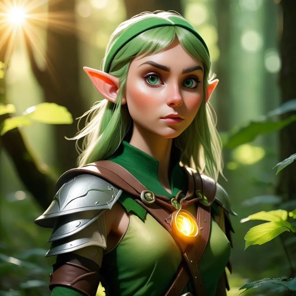 Prompt: Elf ranger in a mystical forest around sunlight