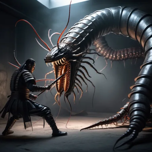 Prompt: Samurai fighting a giant centipede photorealistic, dramatic lighting futuristic