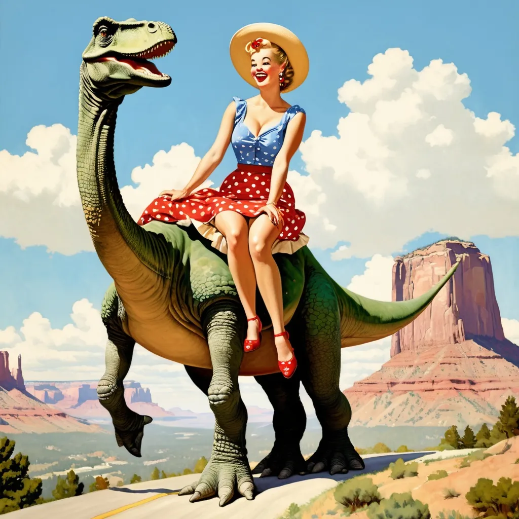 Prompt: Blonde Pin up   girl riding a happy Brontosaurus in the style of Norman Rockwell, Mountain with giant tacos in background