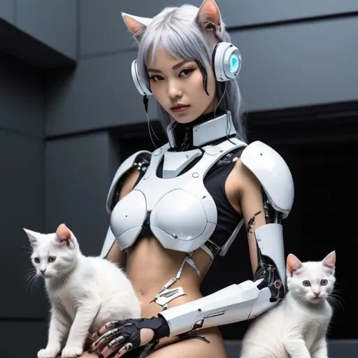 Prompt: Japanese cyborg futuristic girl with kittens