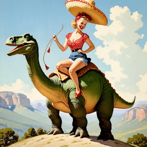 Prompt: Blonde Pin up   girl riding a happy Brontosaurus in the style of Norman Rockwell, Mountain with giant tacos in background