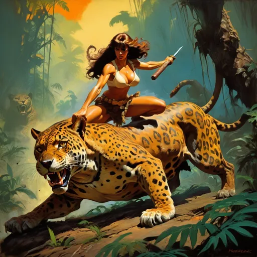 Prompt: Jungle girl battling jaguar, Frank Frazetta style, massive stack of pancakes, intercontinental breakfast, high quality, detailed oil painting, fierce action, wild setting, dynamic composition, jungle colors, intense lighting, powerful strokes, dramatic atmosphere, heroic figure, exotic wildlife, grand scale, rich textures, classic art style, vibrant colors, dynamic scene, epic battle, professional artistry