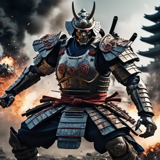 Prompt: Cyborg Samurai in samurai armor, fighting a giant monster in post-apocalyptic Japan, explosions, futuristic tanks, dynamic action poses, high quality, detailed armor, futuristic, dynamic, intense action, post-apocalyptic, explosions, samurai armor, giant monster, cyborg, dynamic poses, futuristic tanks, detailed, professional, dramatic lighting