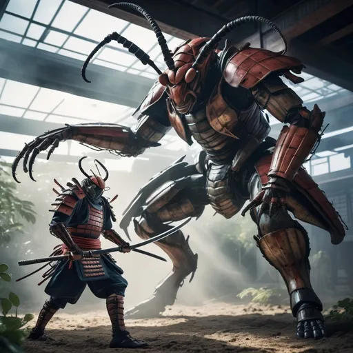 Prompt: Cyborg futuristic samurai fighting giant insects photorealistic dramatic lighting