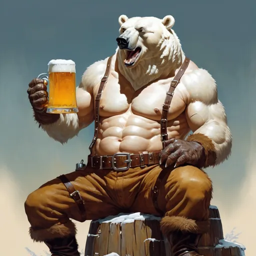 Prompt:  polar bear-man character drinking a large stein of beer done in the style of Frank Franzetta