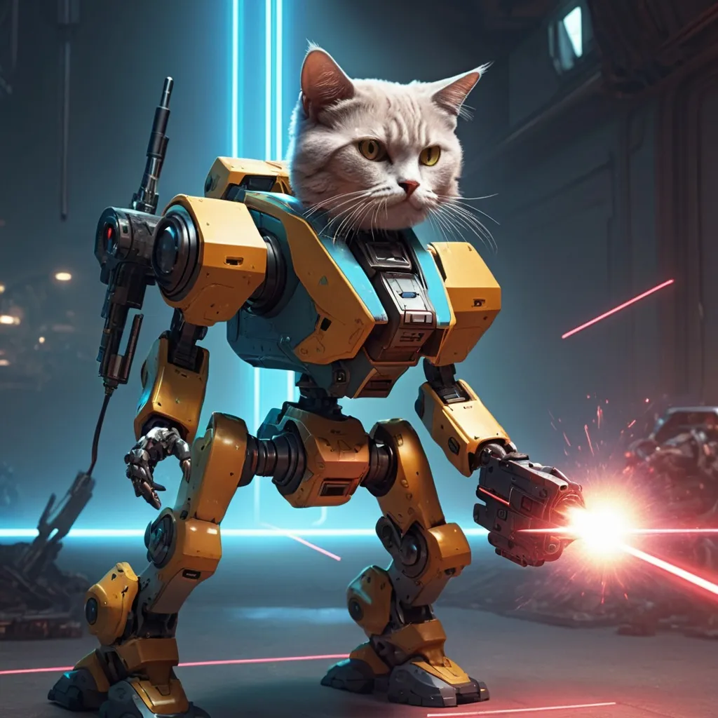 Prompt: kitten mech character shooting lasers