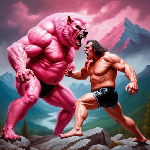 Prompt: Realistic Pink scary werewolf  fighting Andre the Giant in a WWE match dynamic action poses dramatic oil painting dramatic lighting pink fur giant insects with Giant Mountain Dew in background Ferocious