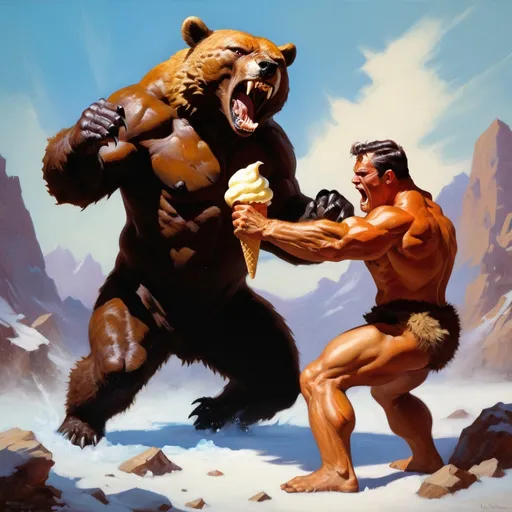 Prompt: Grizzly bear  character fighting a strong man over an ice cream cone, Frank Frazetta style, detailed fur and muscle definition, intense action scene, high energy, dynamic composition, vibrant colors, dramatic lighting, high contrast, epic fantasy, oil painting, powerful and muscular, fierce expression, realistic fantasy, high quality, dynamic, dramatic lighting, intense battle, epic showdown, action-packed, ice cream, fantasy art, bear-man, jaguar, Frank Frazetta style, oil painting, vibrant colors