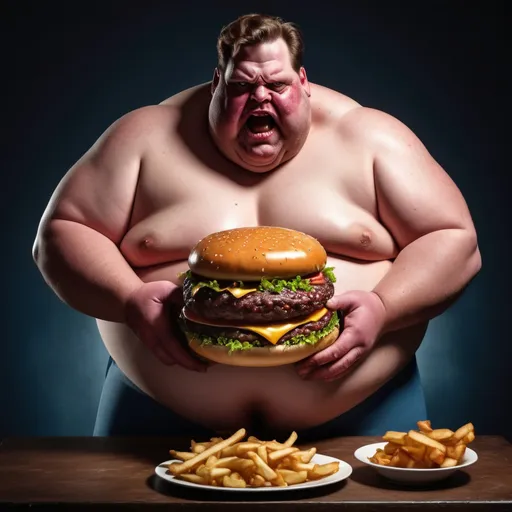 Prompt: Morbidly obese cyclops with giant hamburger, photorealistic dramatic lighting