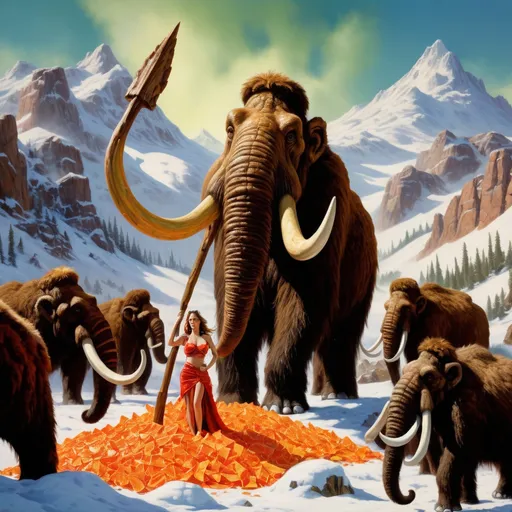 Prompt: Wooly Mammoth herd, hot girl in primitive clothing with spear, giant mountain dew bottle backdrop, scattered doritos, Frank Frazetta style, detailed mammoth fur, intense gaze, high contrast, vibrant colors, fantasy, larger than life, surreal lighting