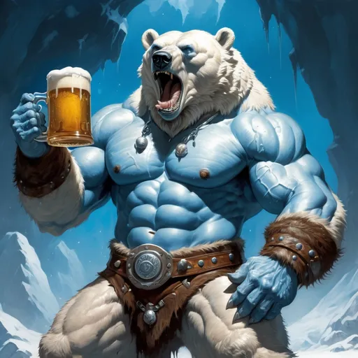 Prompt: Polar bear-man character drinking a large stein of beer, Frank Frazetta style, detailed fur and musculature, fantasy art, vibrant and dynamic, intense expression, icy blue and snowy white tones, heroic lighting, high quality, detailed, fantasy art, beer stein, powerful stance, professional, atmospheric lighting