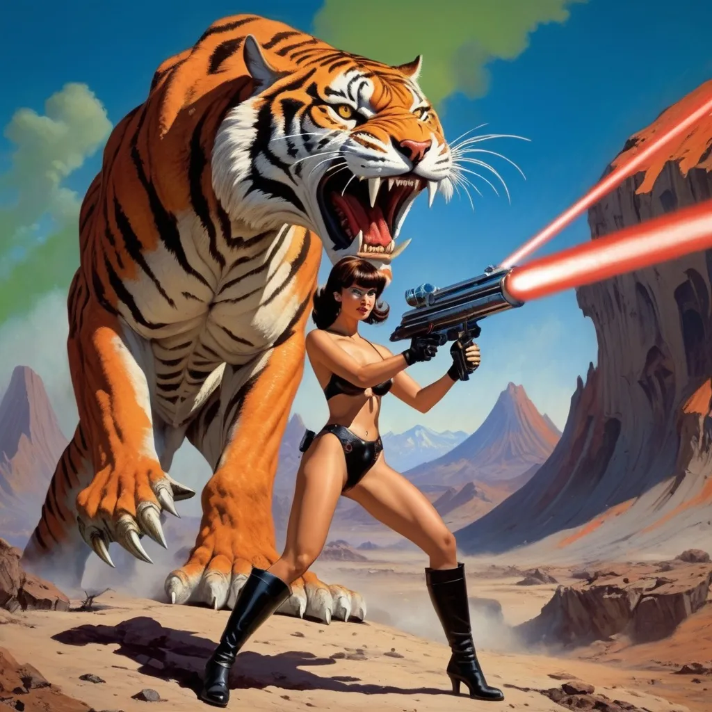 Prompt: Sci fi girl shooting laser gun with Saber tooth Tiger, Volcanos in background done in style of Frank Franzetta