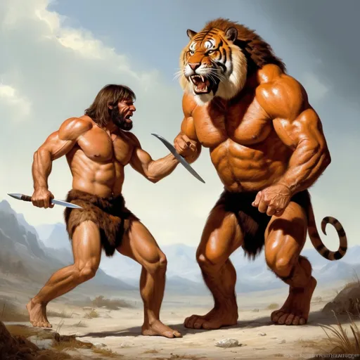 Prompt: Neanderthal caveman with saber tooth tiger