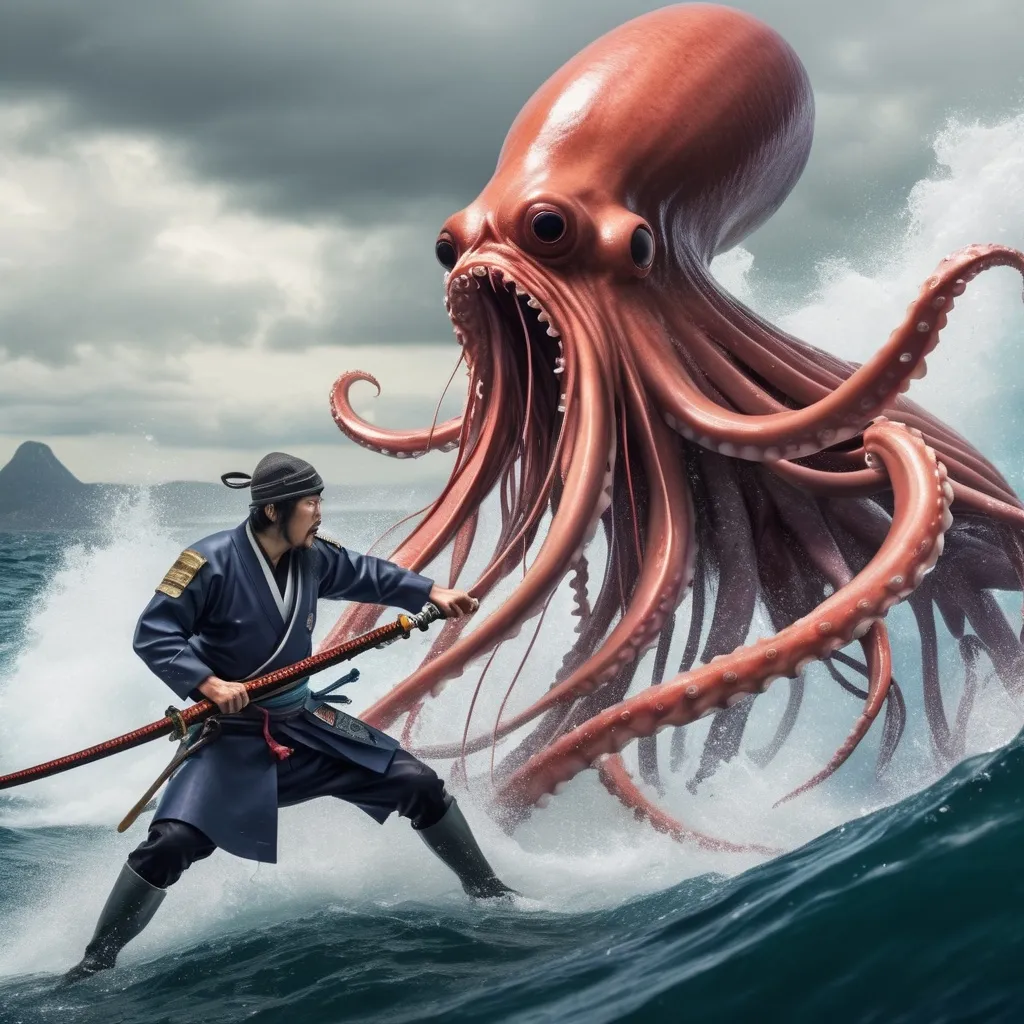 Prompt: Samurai fighting a giant squid