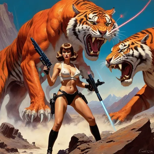 Prompt: Sci fi girl shooting laser gun with Saber tooth Tiger, Volcanos in background done in style of Frank Franzetta
