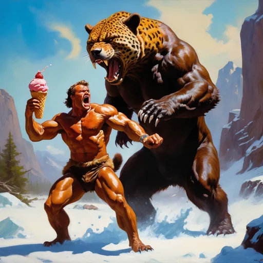 Prompt: Grizzly bear-man character fighting a jaguar over an ice cream cone, Frank Frazetta style, detailed fur and muscle definition, intense action scene, high energy, dynamic composition, vibrant colors, dramatic lighting, high contrast, epic fantasy, oil painting, powerful and muscular, fierce expression, realistic fantasy, high quality, dynamic, dramatic lighting, intense battle, epic showdown, action-packed, ice cream, fantasy art, bear-man, jaguar, Frank Frazetta style, oil painting, vibrant colors